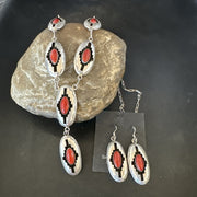 Old Navajo Red Coral Shadowbox Necklace Earrings 18" | Sterling Silver | Authentic Native American Handmade | 19101