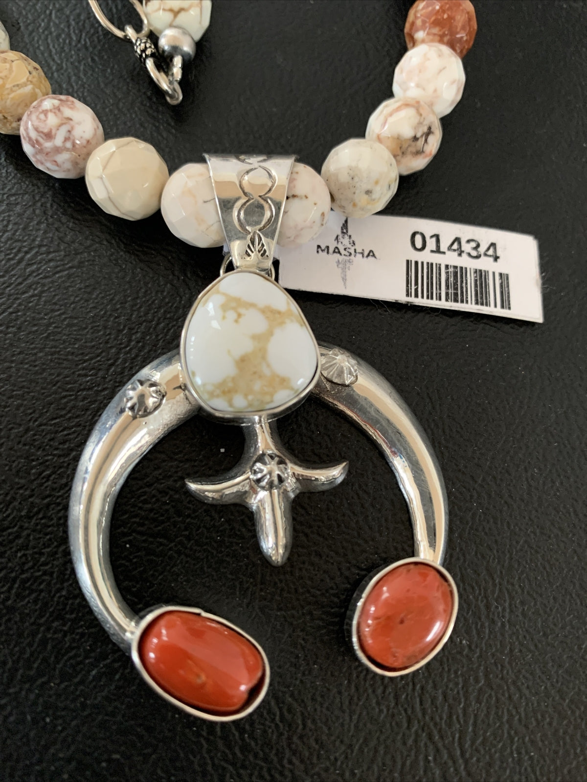 White Buffalo Turquoise Coral Naja Pendant Navajo Sterling Silver Necklace 01434