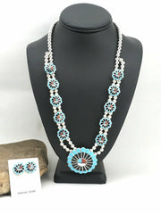 Sun Face Turquoise Inlay Zuni Squash Necklace Earrings 01308N | Sterling Silver | Authentic Native American Handmade