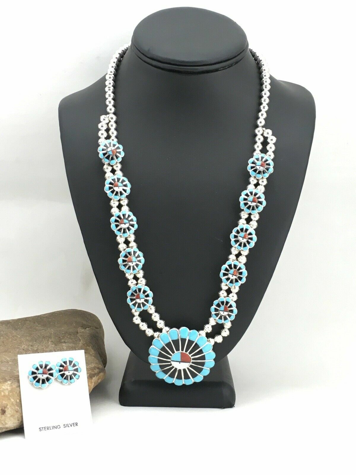 Sun Face Turquoise Inlay Zuni Sterling Silver Squash Necklace & Earrings 01308N