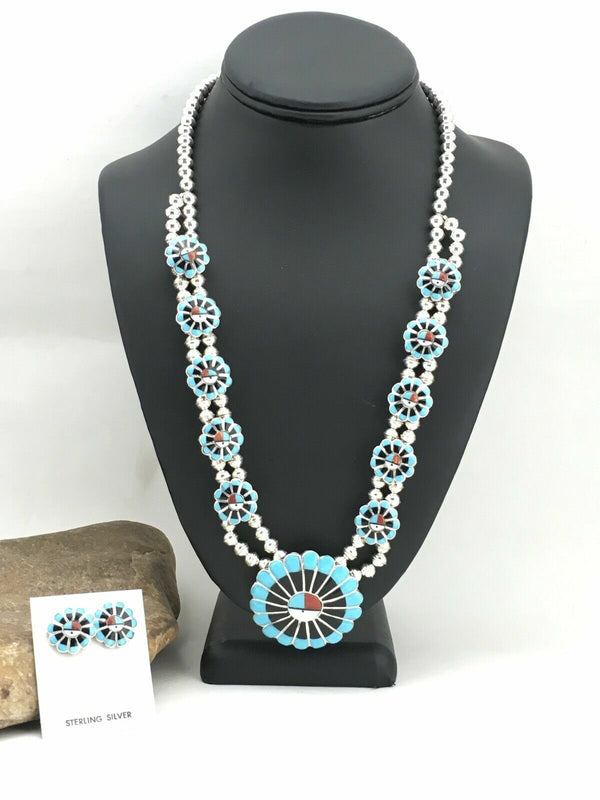 Sun Face Turquoise Inlay Zuni Squash Necklace Earrings 01308N | Sterling Silver | Authentic Native American Handmade
