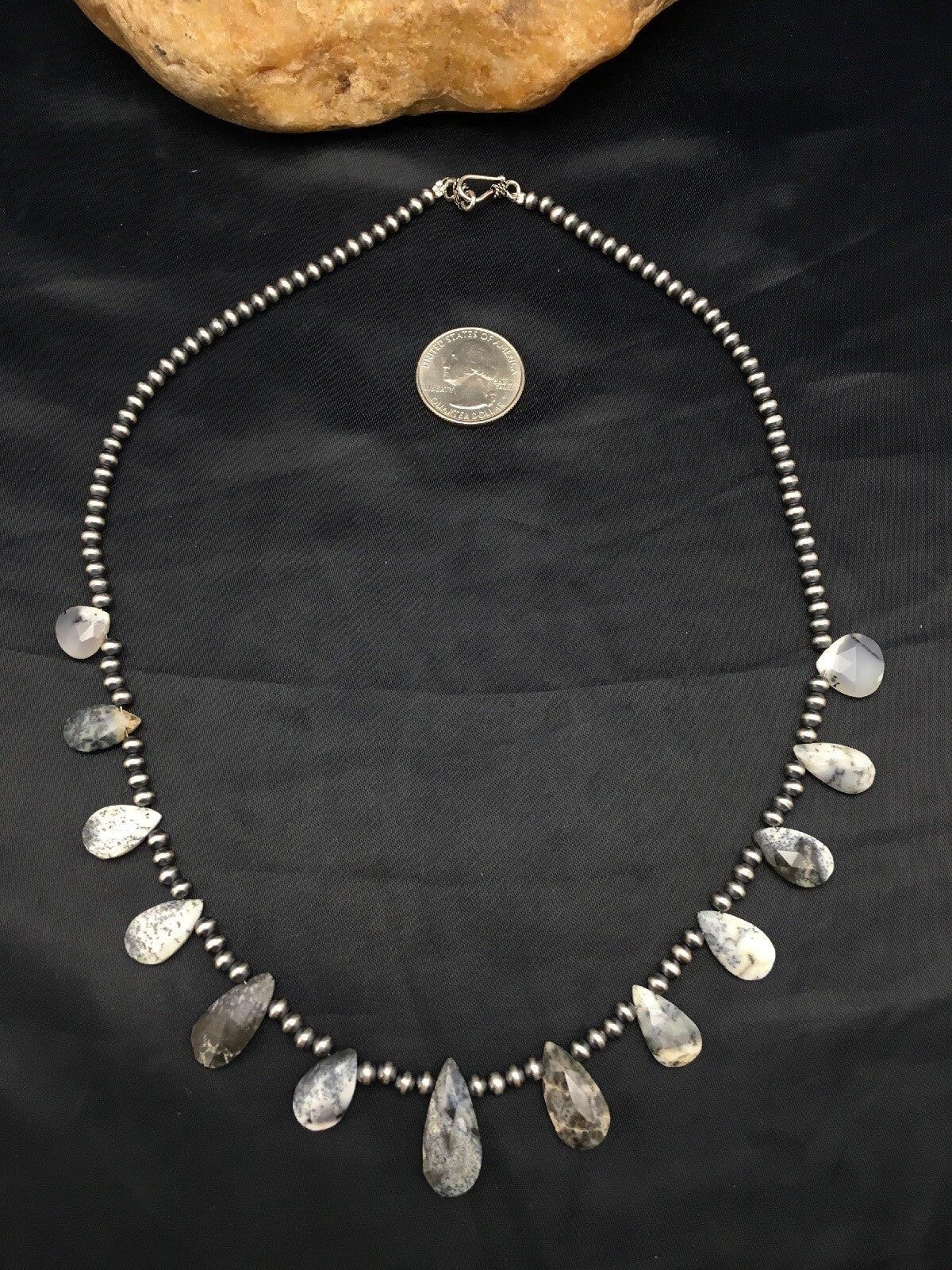 Black Rutilated Opal Pear Shaped Navajo Pearls Sterling Silver Necklace 04090
