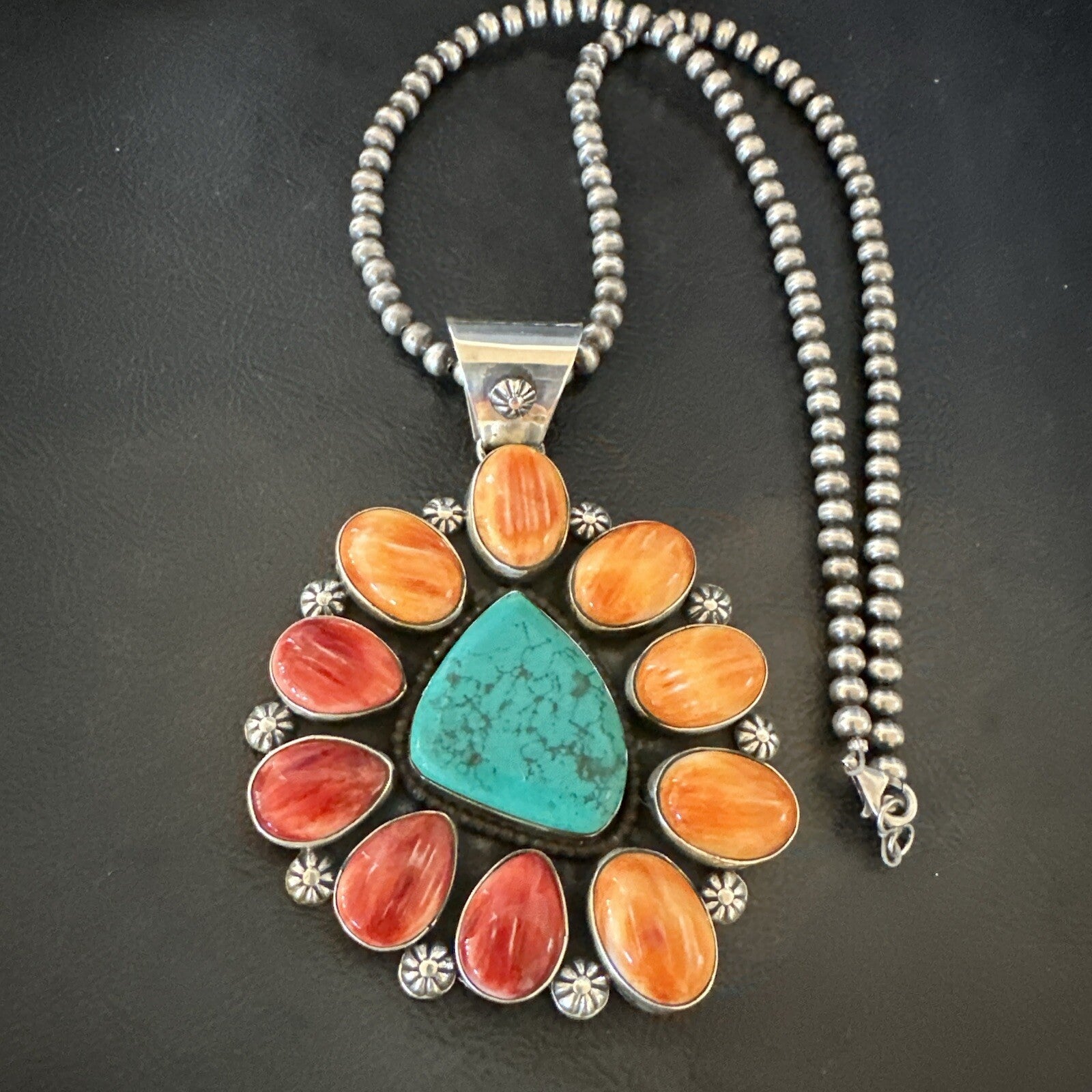 XL Turquoise Orange Spiny Cluster Pendant Navajo Sterling Silver Necklace 18400