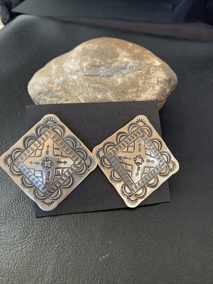 Native American Womens Navajo Sterling Silver Stamped Handmade Earrings