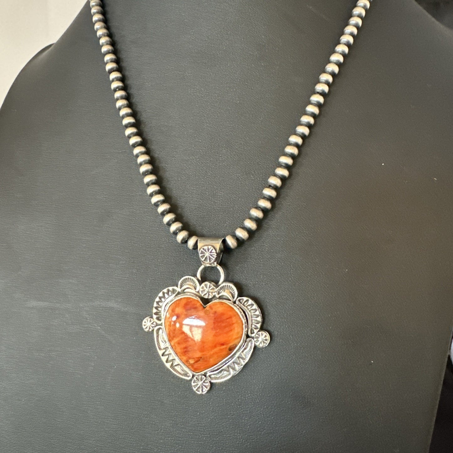 H Joe Orange Spiny Oyster Heart Pendant Navajo Sterling Silver Necklace 19482