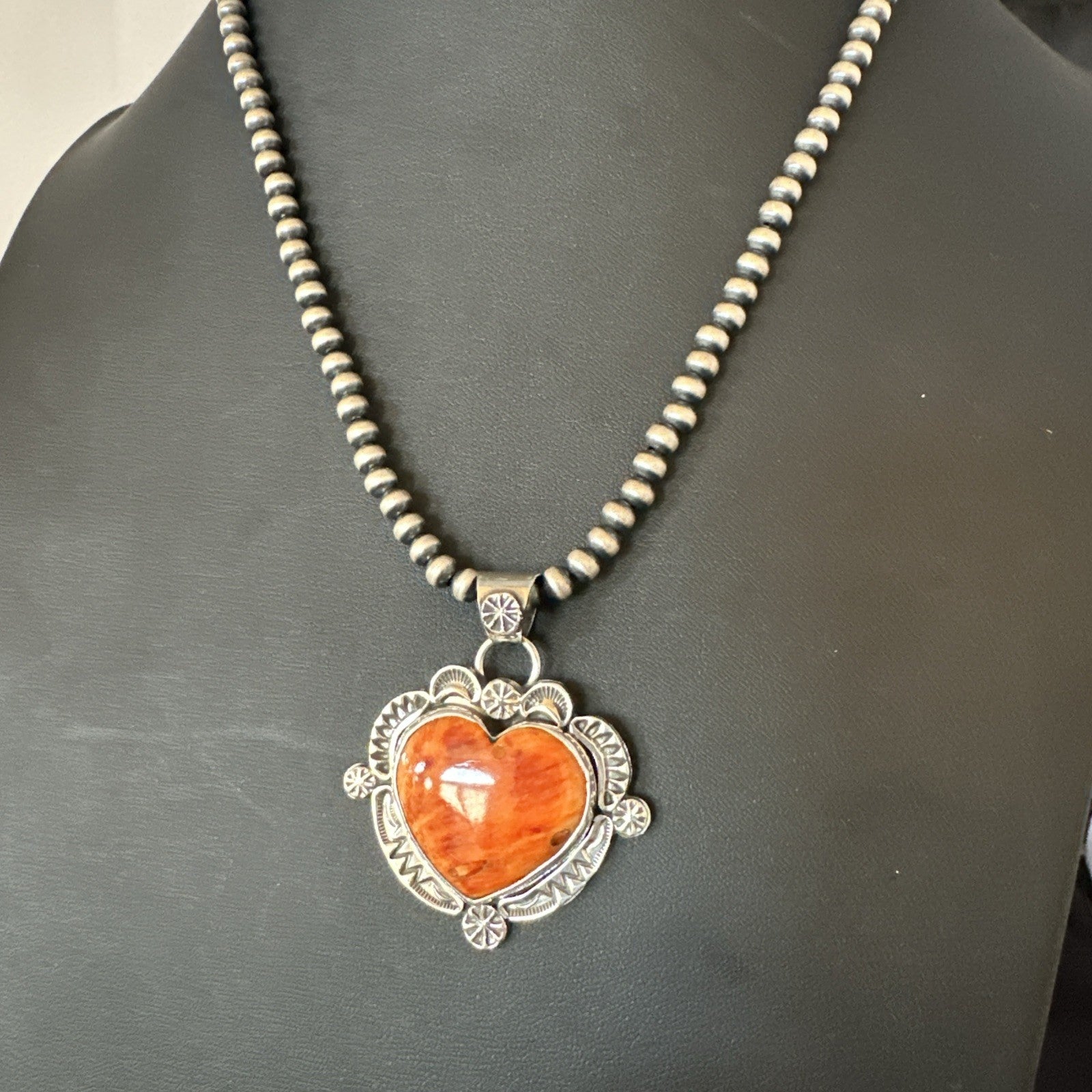 H Joe Orange Spiny Oyster Heart Pendant Navajo Sterling Silver Necklace 19482