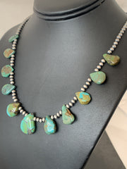 Green Royston Turquoise Navajo Pearls 20"Necklace | Sterling Silver | Authentic Native American Handmade | 00484