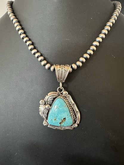 Blue Kingman Turquoise Pendant Navajo Pearls Sterling Silver Necklace 19389