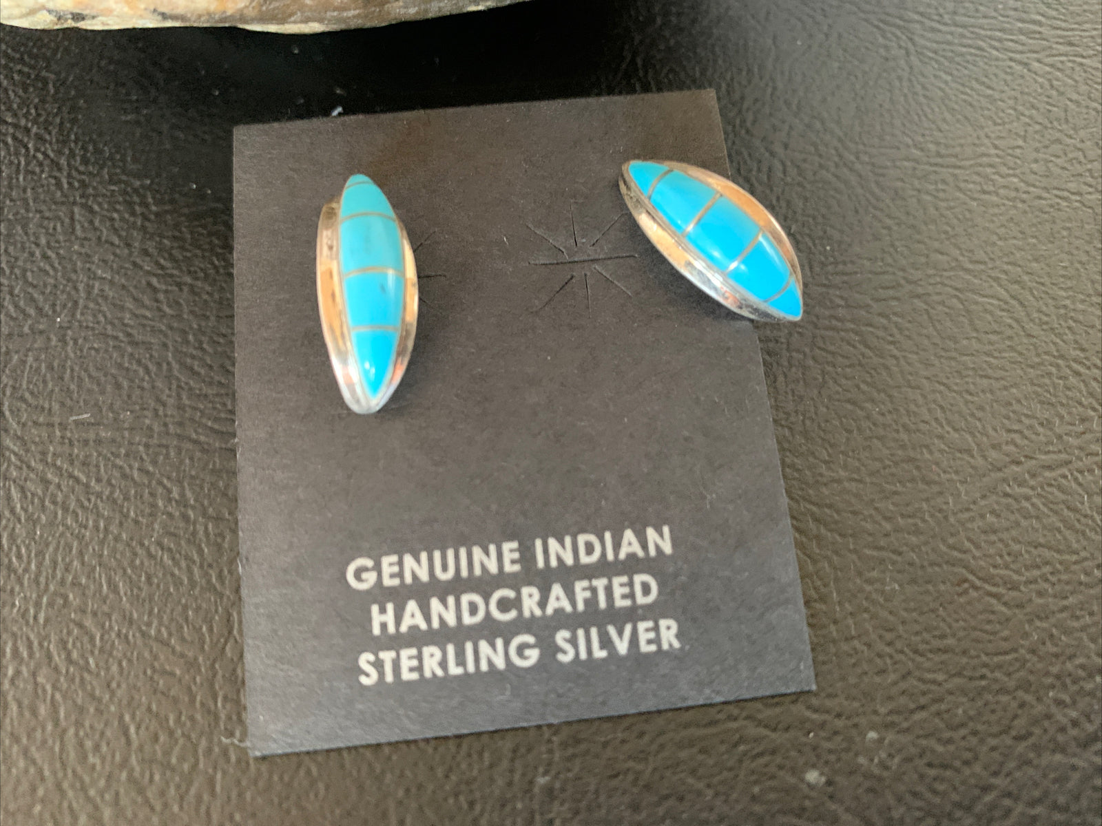 Southwestern Zuni Blue Turquoise Sterling Silver Inlay Hoop Earrings 0.75" 13023