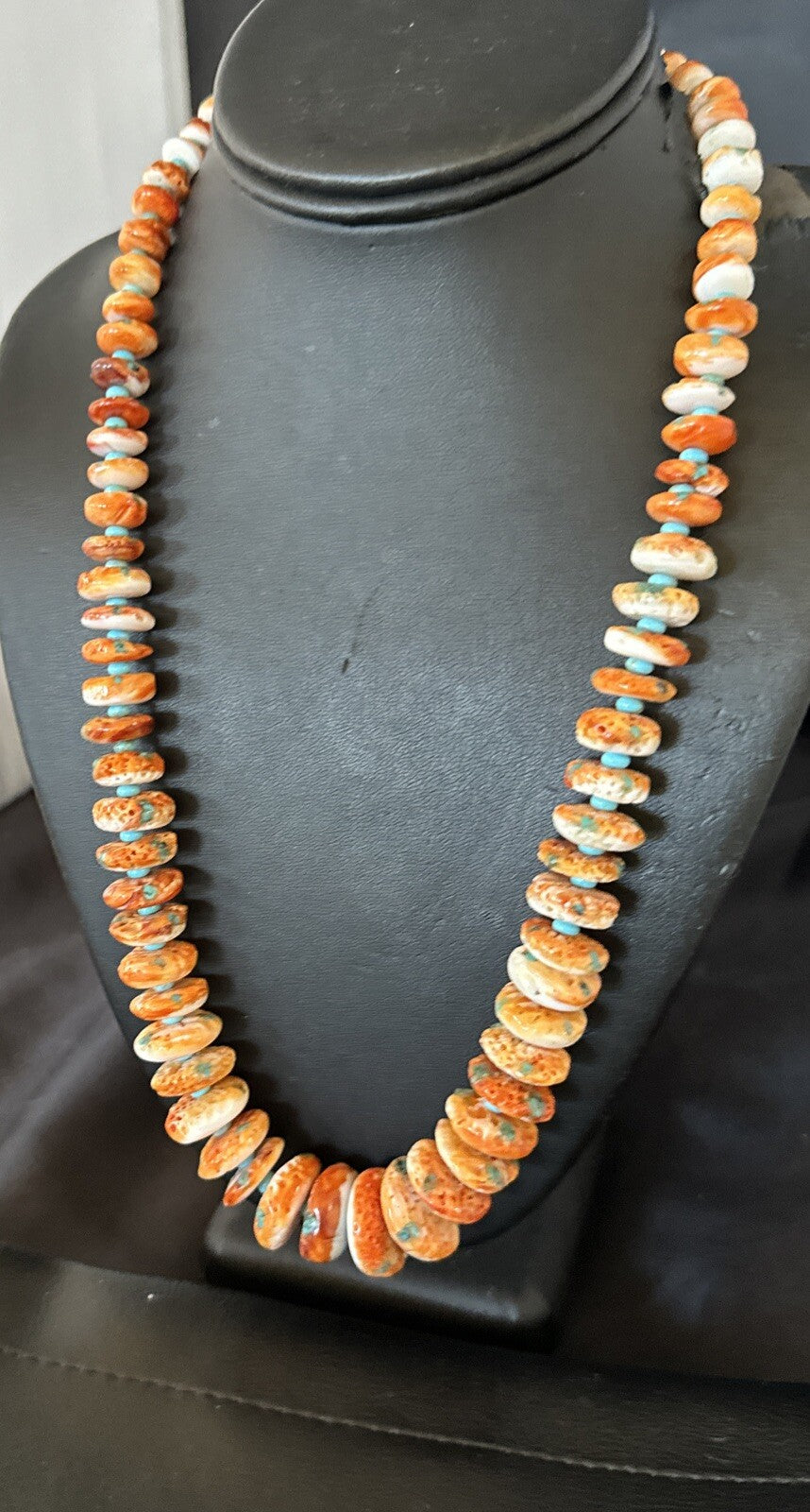 Orange Spiny Oyster Blue Turquoise Navajo Sterling Silver Necklace 23" 18087