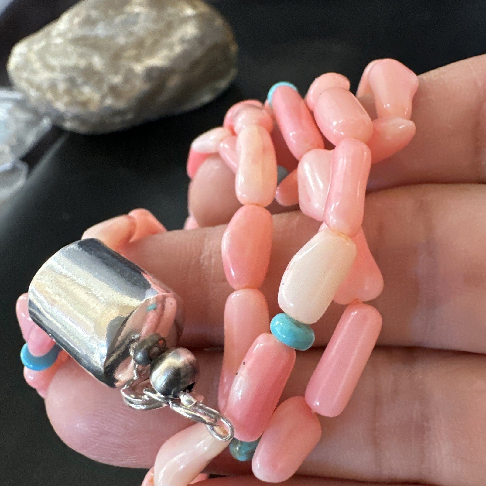 Native American Turquoise Pink Coral Sterling Silver 3 Strand Necklace 21" 17815