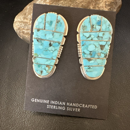 New Inlay Blue Kingman Turquoise Sterling Silver Earrings 1.5” 19097