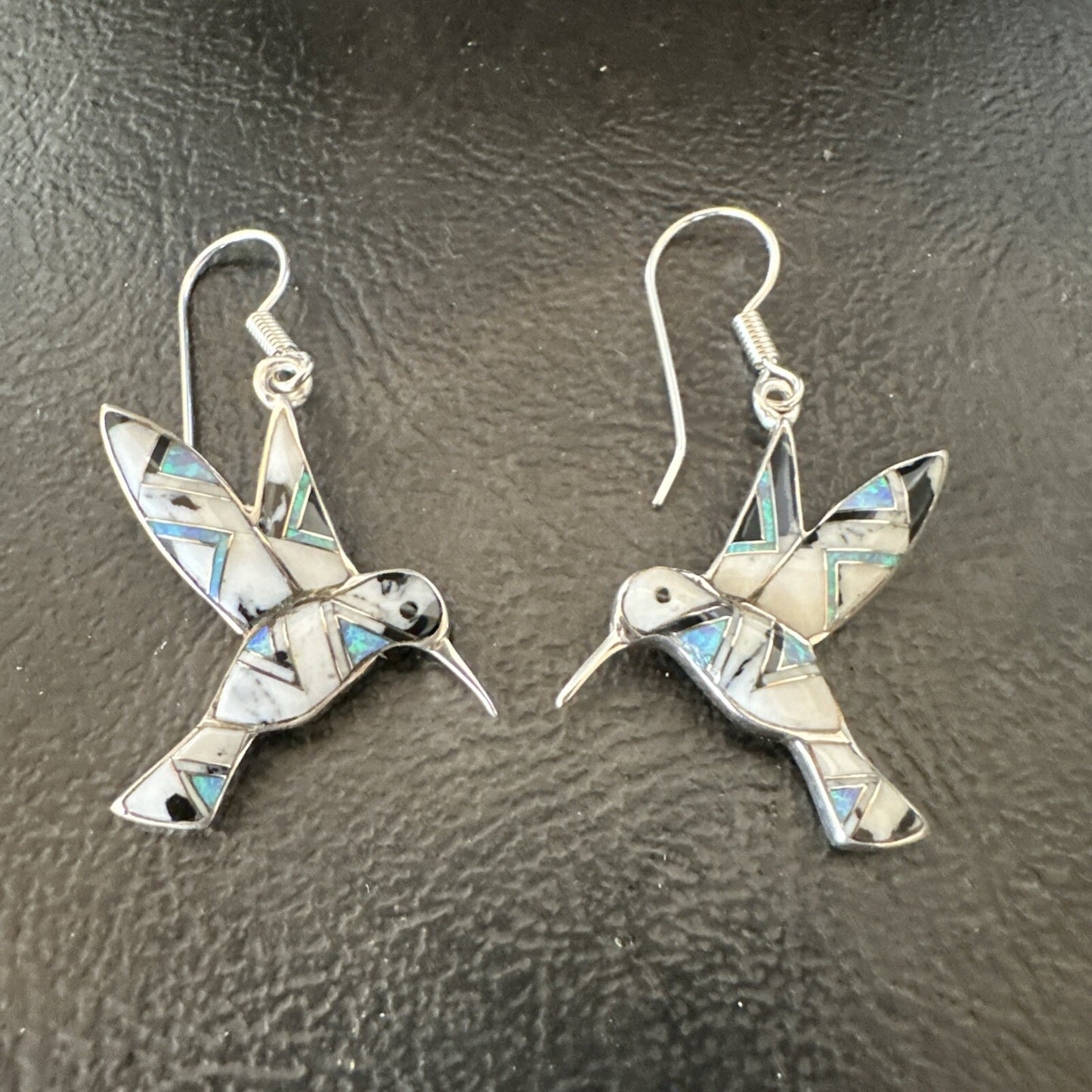 White Buffalo Turquoise Opal Onyx Sterling Silver Hummingbird Earrings 18546