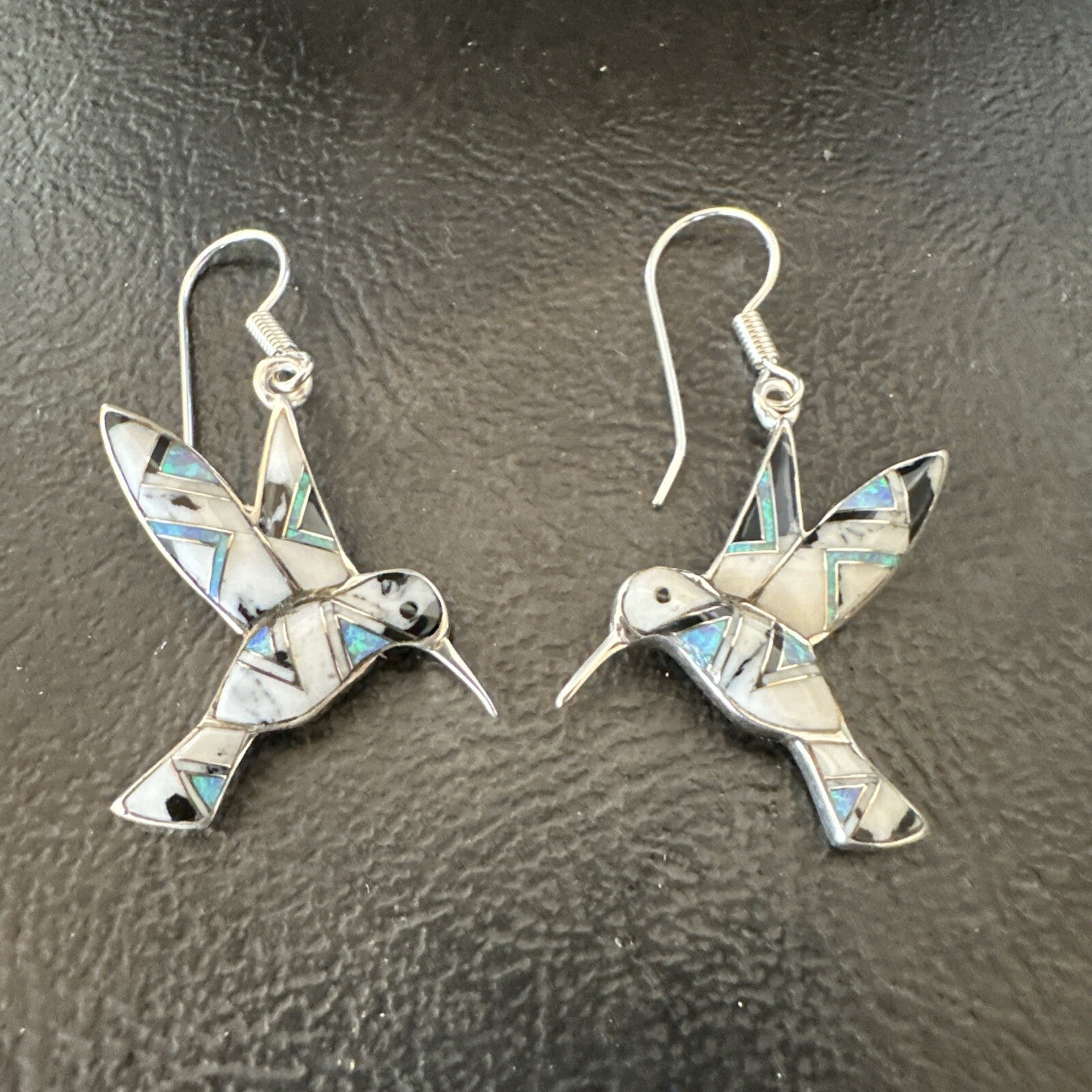 White Buffalo Turquoise Opal Onyx Sterling Silver Hummingbird Earrings 18546