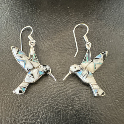 White Buffalo Turquoise Opal Onyx Sterling Silver Hummingbird Earrings 18546