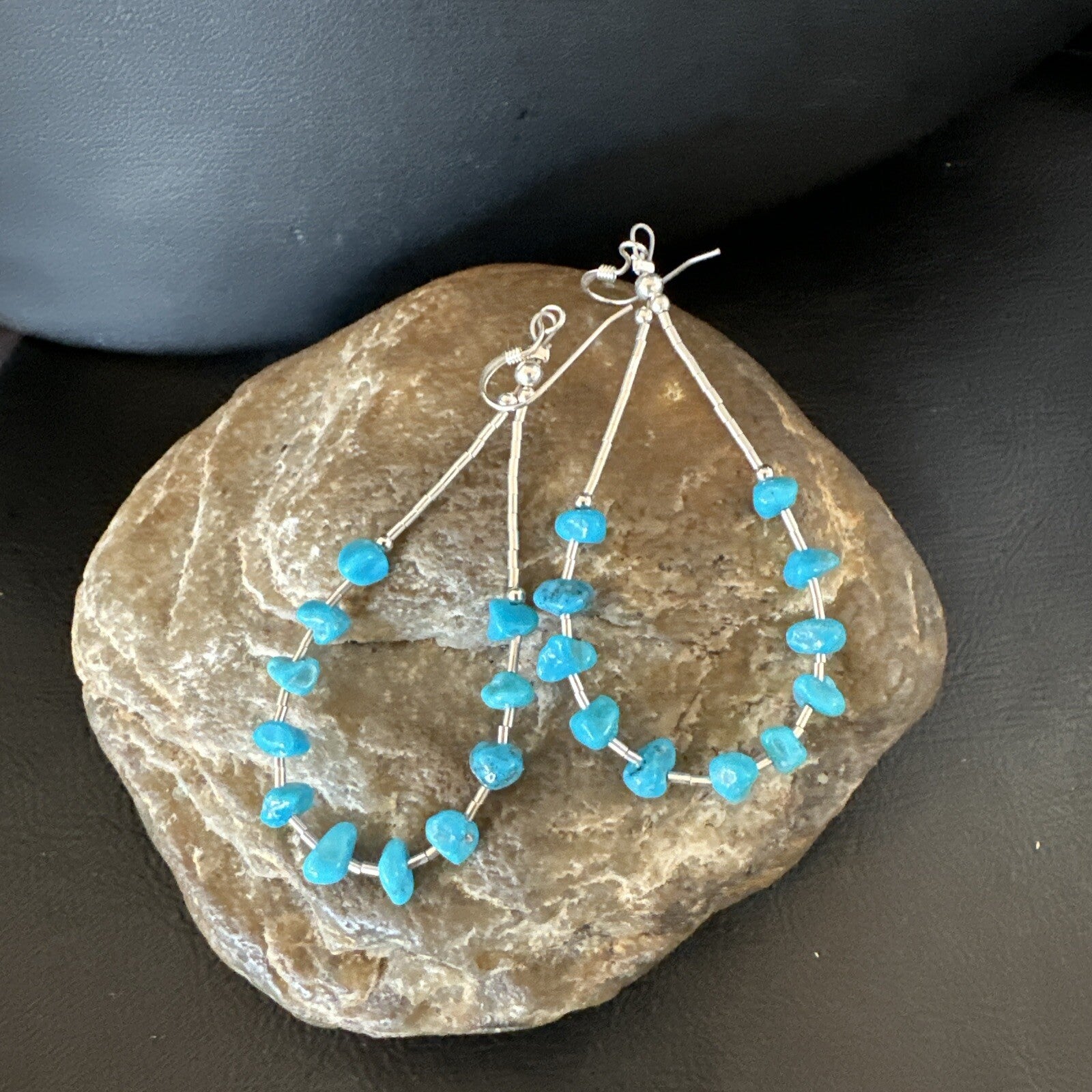 Blue Turquoise Nugget Bead Sterling Silver Beads Earrings 18097