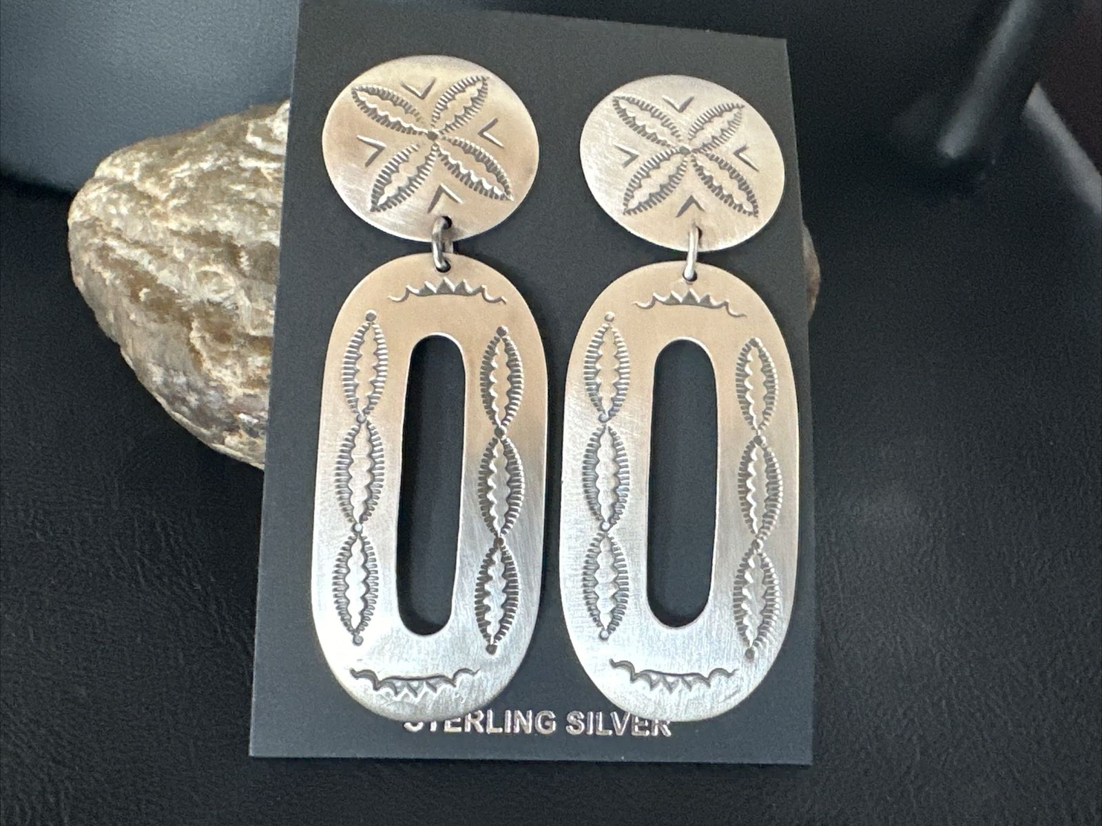 Popular Navajo Stamped Sterling Silver Stamped Handmade Earrings 2.75" 17857
