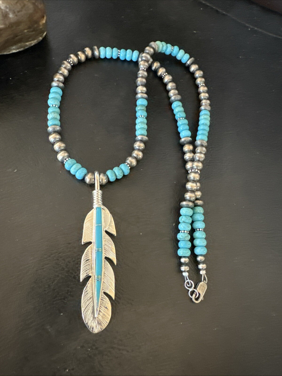 Mens Feather Turquoise Pendant Navajo Sterling Silver Necklace 18668
