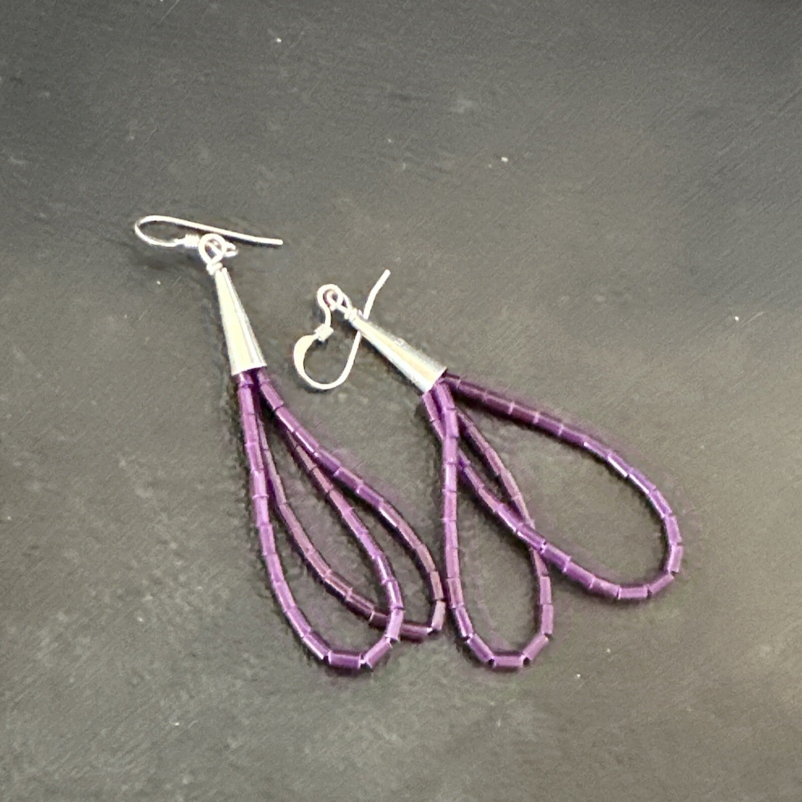 Purple Stone 2 Strands Heishi Sterling Silver Dangle Earrings 17929