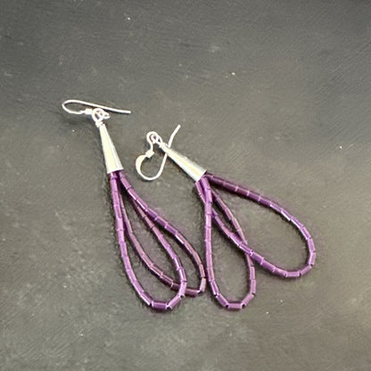 Purple Stone 2 Strands Heishi Sterling Silver Dangle Earrings 17929