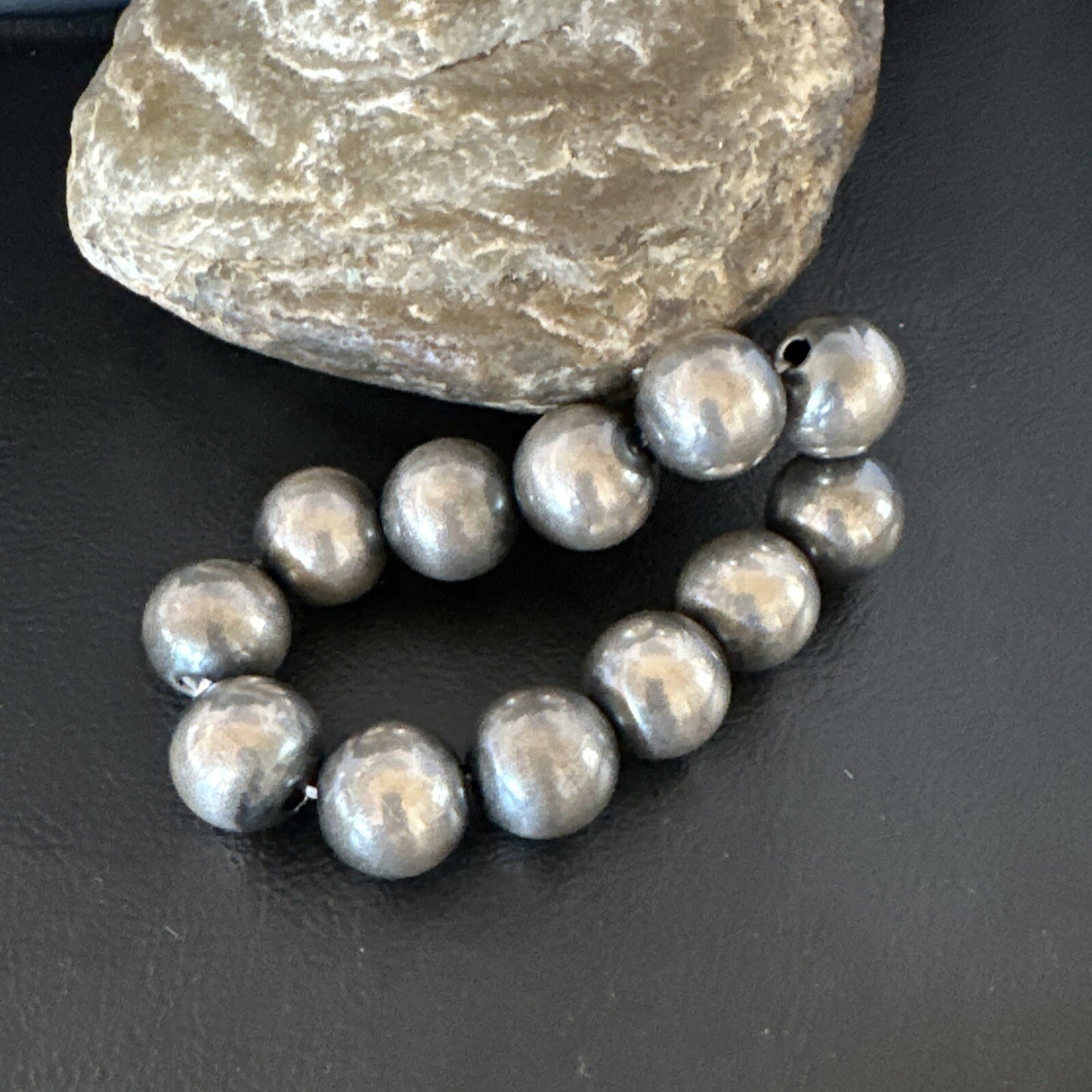 Navajo 14mm Beads Stretch Sterling Silver Bracelet 7" 91402