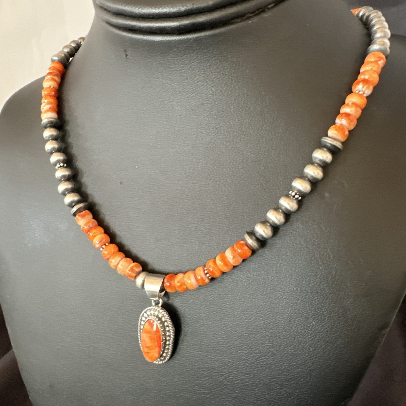 Orange Spiny Oyster Navajo Pearls Sterling Silver  Necklace Pendant 18679