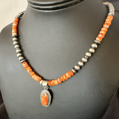 Orange Spiny Oyster Navajo Pearls Sterling Silver  Necklace Pendant 18679