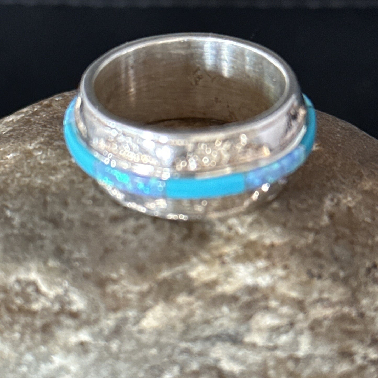Turquoise & Opal Inlay Navajo Sterling Silver Eternity Band Ring Size 8 14542