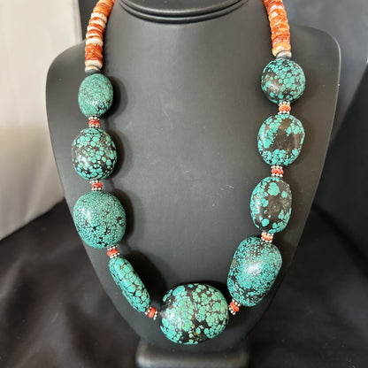 Blue Turquoise Red Spiny Chunky Navajo Sterling Silver Necklace 22” 19248