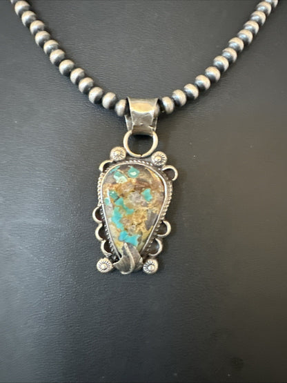 Womens Blue Turquoise Pendant Navajo Pearls Sterling Silver Necklace 19575