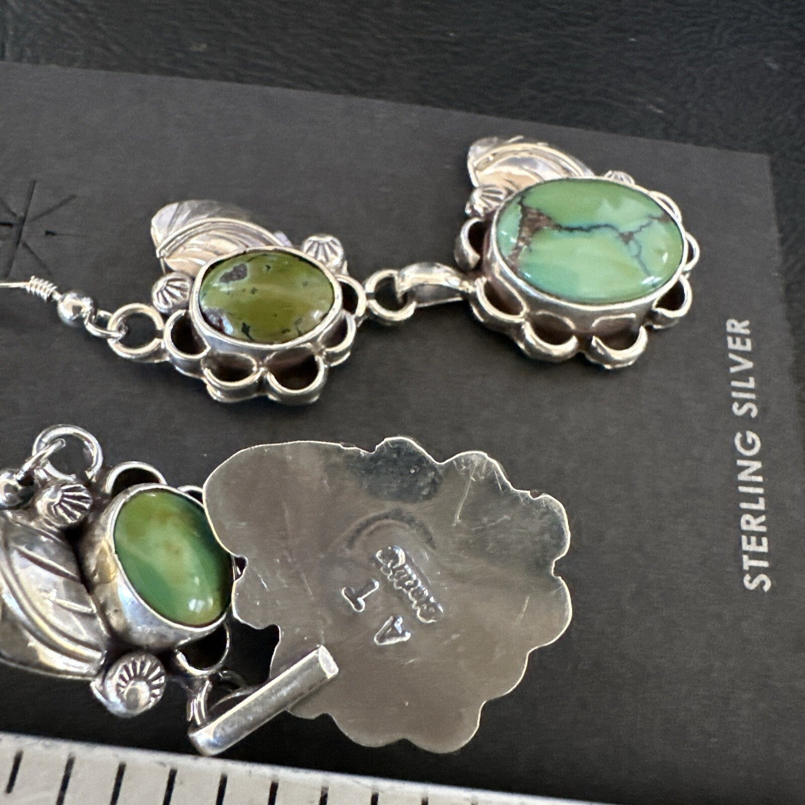 Native Navajo Green Turquoise Sterling Silver Dangle Earrings 2” 17693