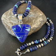 Lapis Opal Inlay Pendant Navajo Pearls Turquoise Necklace | Sterling Silver | Authentic Native American Handmade | 19182