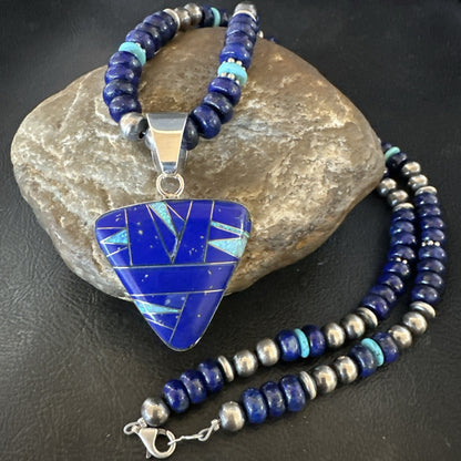 Lapis Opal Inlay Pendant Navajo Pearls Turquoise Sterling Silver Necklace 19182