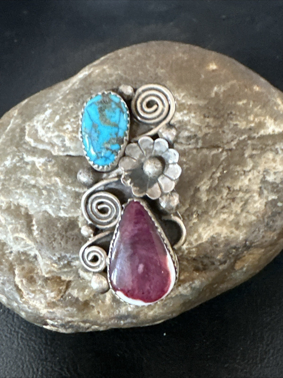 Cluster Kingman Turquoise Purple Spiny Navajo Sterling Silver Ring Sz 5.5 19105