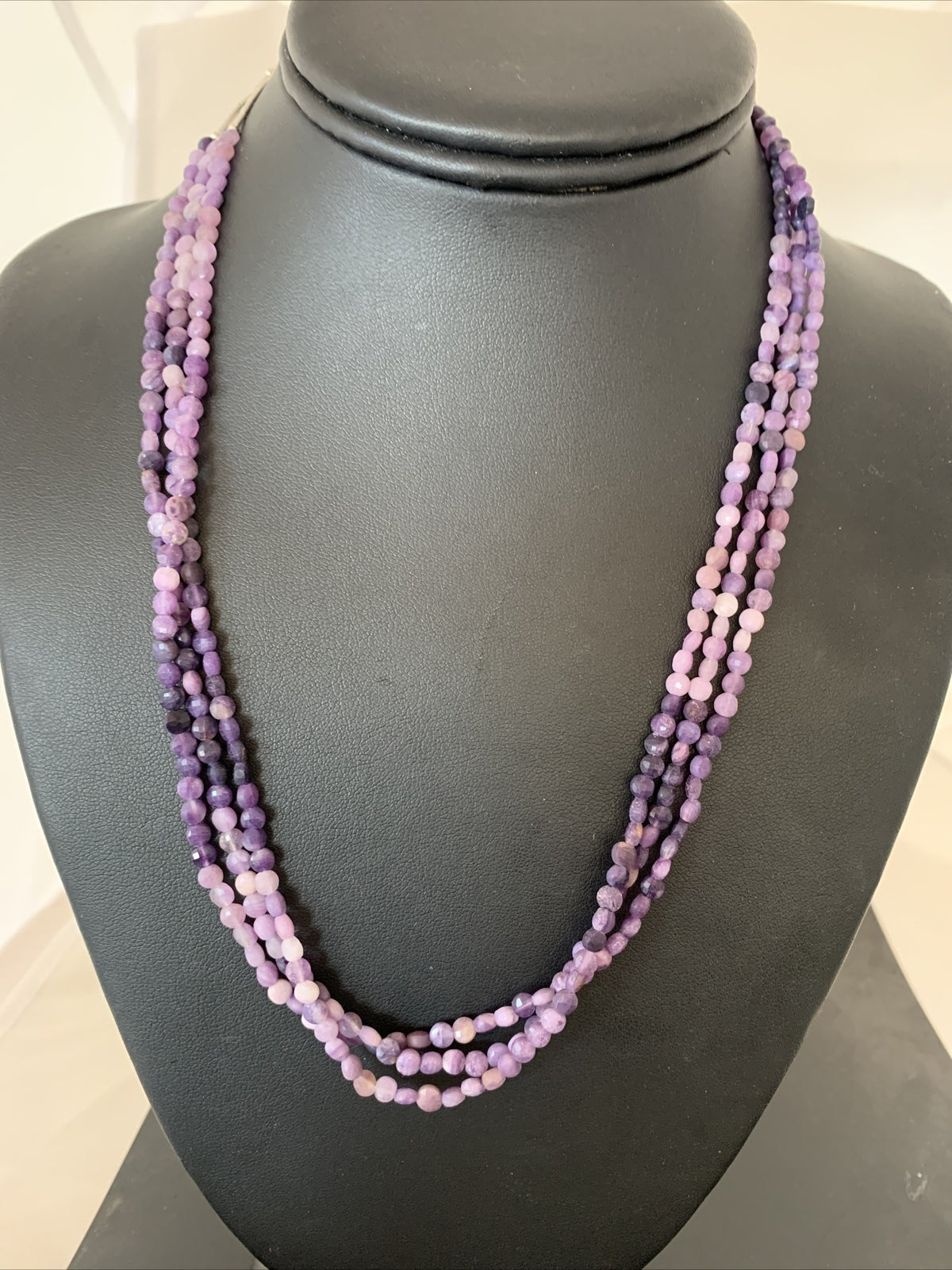 Purple Stone Beads Liquid Heishi 3 Strands Sterling Silver Tubes Necklace 850