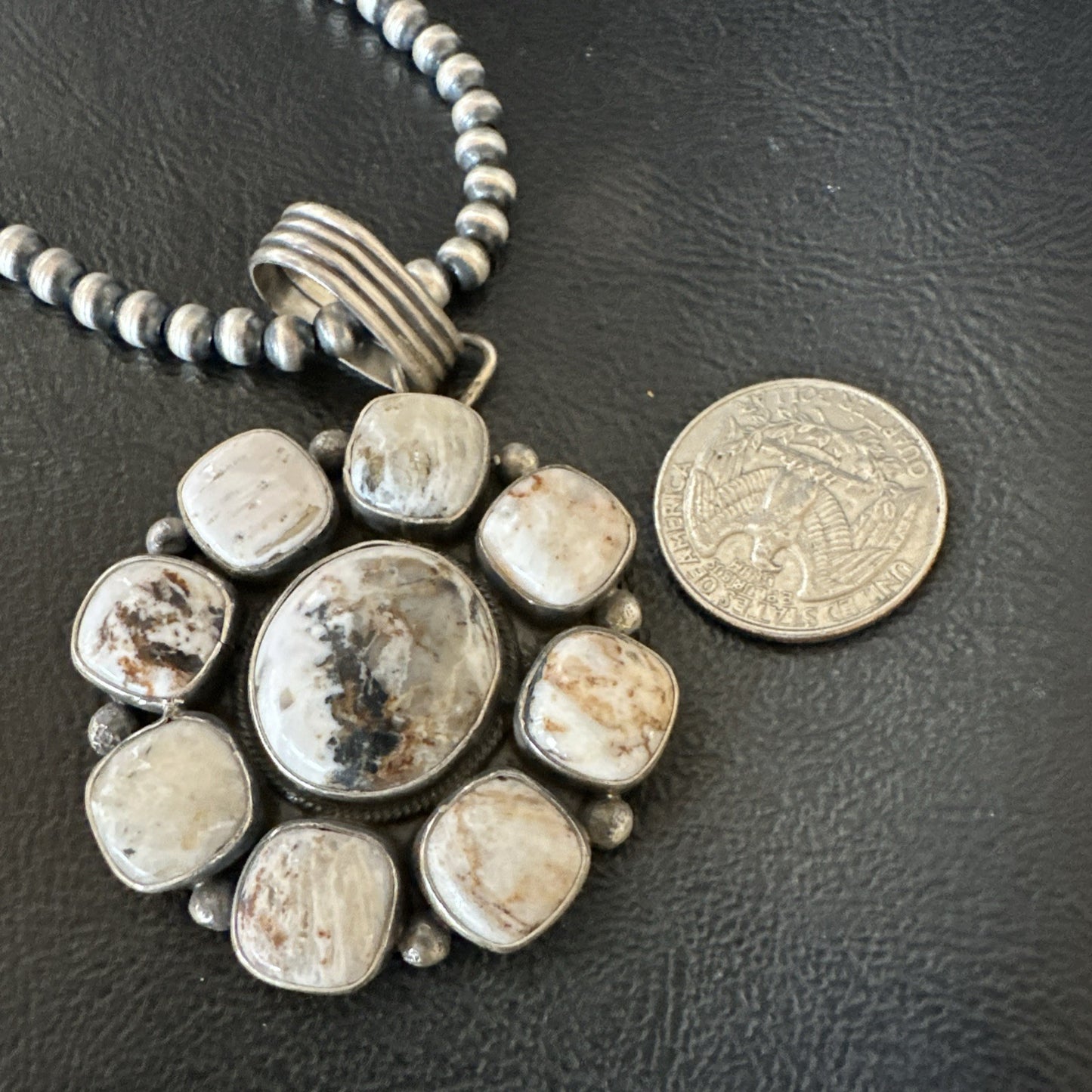 White Buffalo Turquoise Cluster Pendant Navajo Sterling Silver Necklace 19271