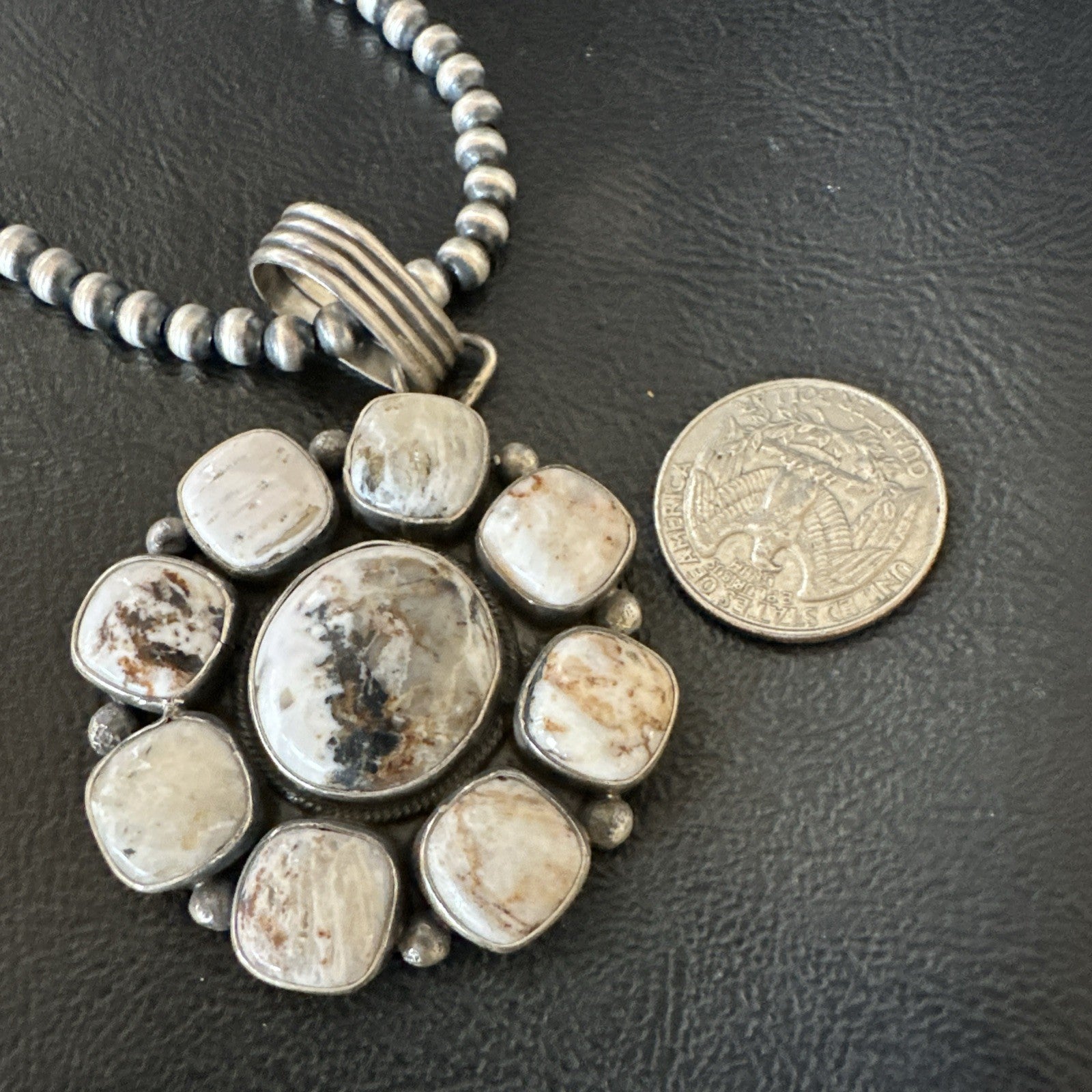 White Buffalo Turquoise Cluster Pendant Navajo Sterling Silver Necklace 19271