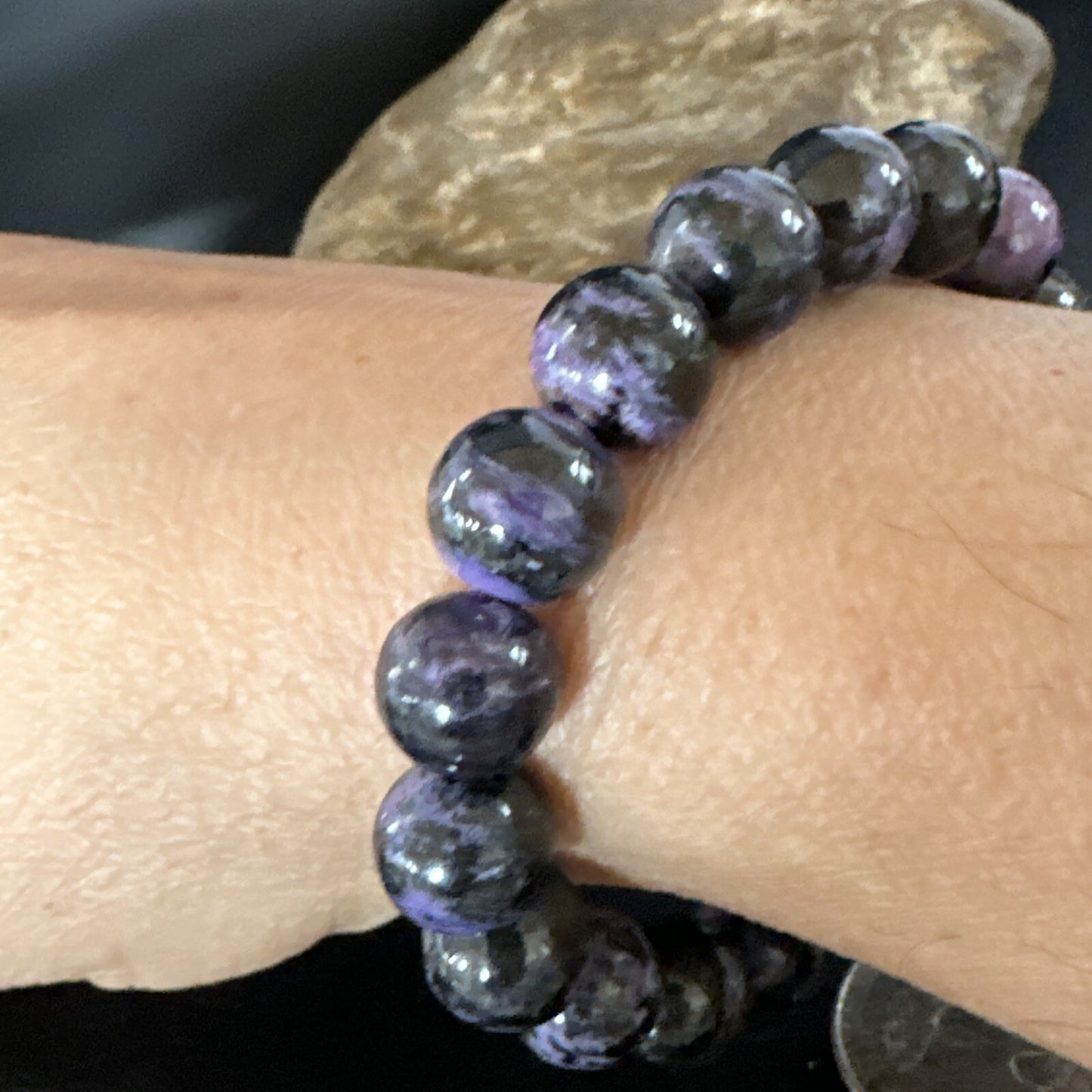 Purple Stone 10mm Stretch Bead Bracelet Navajo Sterling Silver 15239