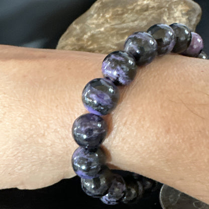 Purple Stone 10mm Stretch Bead Bracelet Navajo Sterling Silver 15239