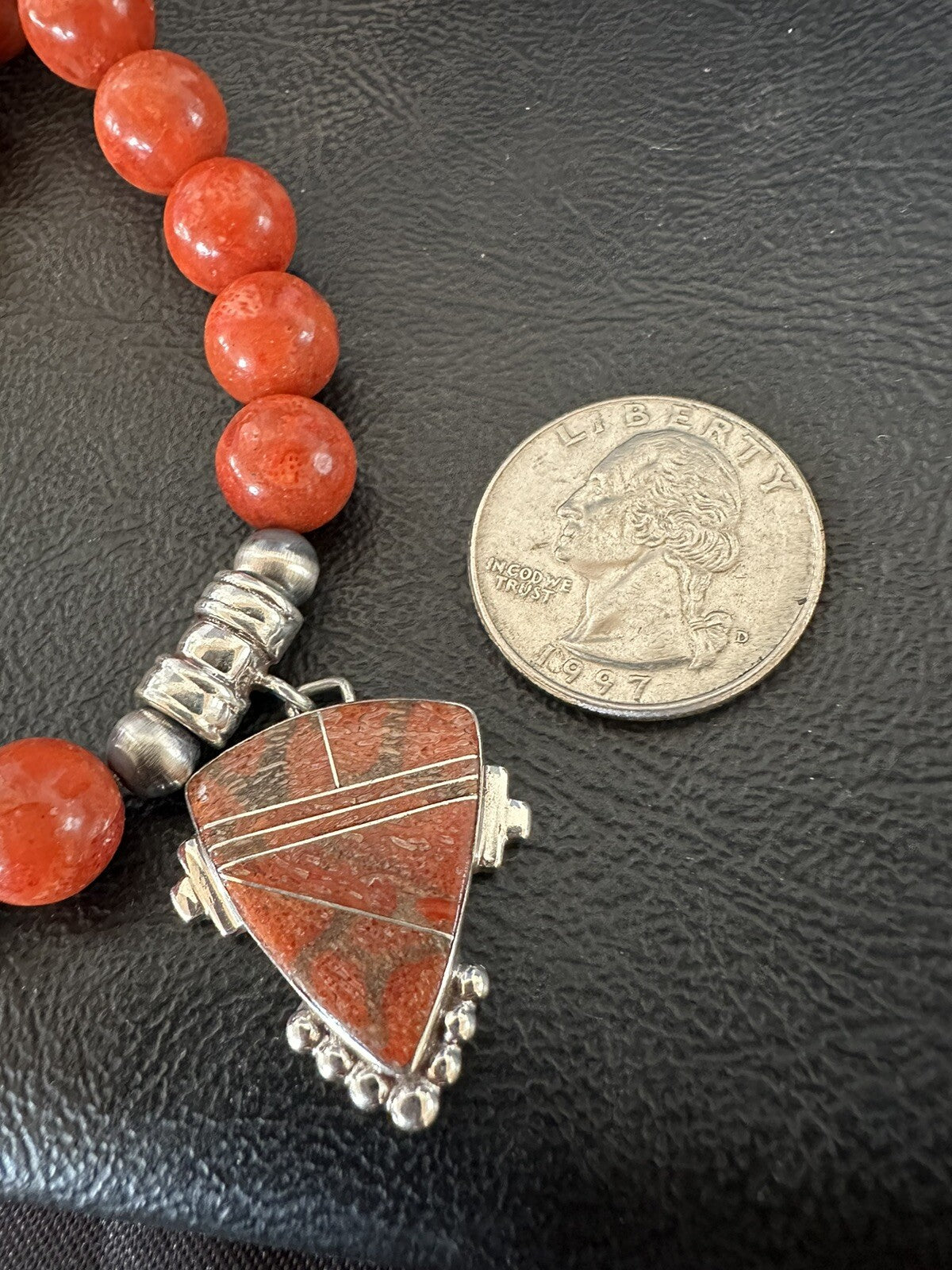 Navajo Apple Sponge Coral Sterling Silver Necklace Pendant 18328