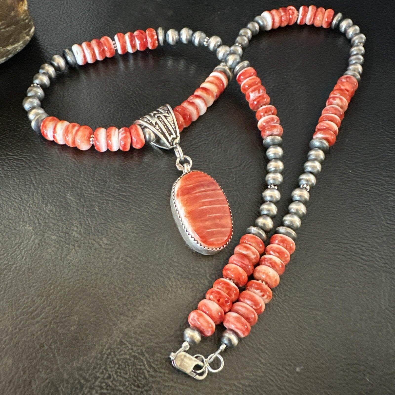 Navajo Pearls Sterling Silver Necklace Red Spiny Oyster Pendant 22" 18265