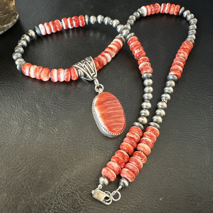 Navajo Pearls Sterling Silver Necklace Red Spiny Oyster Pendant 22" 18265