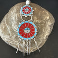 Sunface Zuni Inlay Turquoise Coral MOP Pendant 3.5" | Sterling Silver | Authentic Native American Handmade | 17771