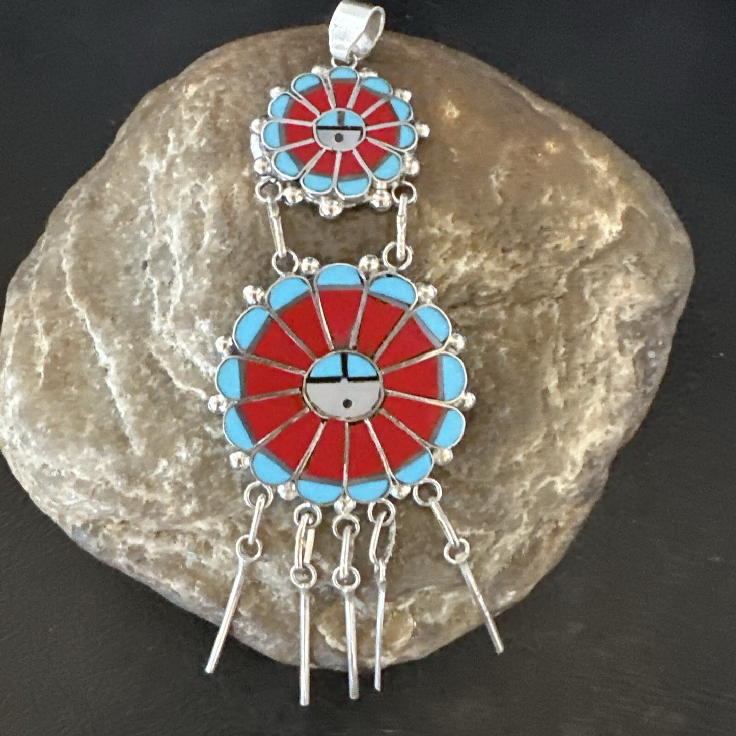 Sunface Zuni Inlay Turquoise Coral MOP Sterling Silver Pendant 3.5" 17771