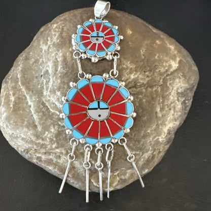 Sunface Zuni Inlay Turquoise Coral MOP Sterling Silver Pendant 3.5" 17771