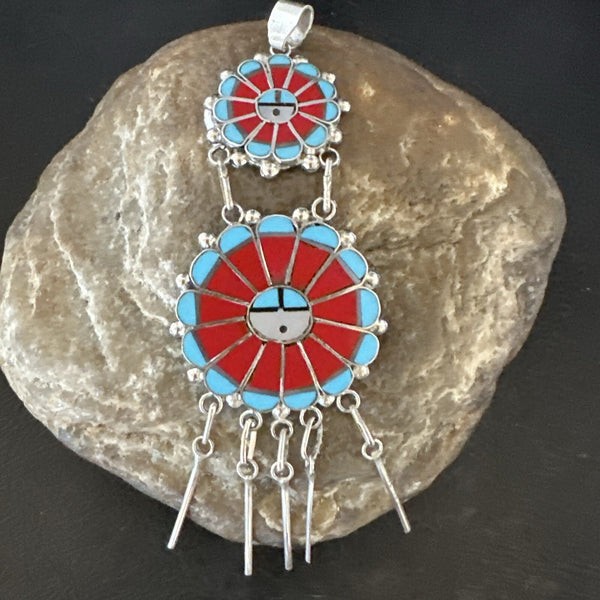 Sunface Zuni Inlay Turquoise Coral MOP Pendant 3.5" | Sterling Silver | Authentic Native American Handmade | 17771