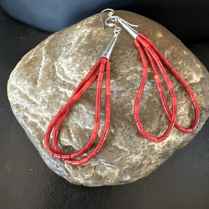 Apple Coral Tube Heishi Dangle Liquid Sterling Silver Earrings 2" 19042