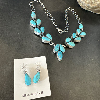 Kingman Turquoise Navajo Sterling Silver Earrings & Lariat Necklace 19" 19278