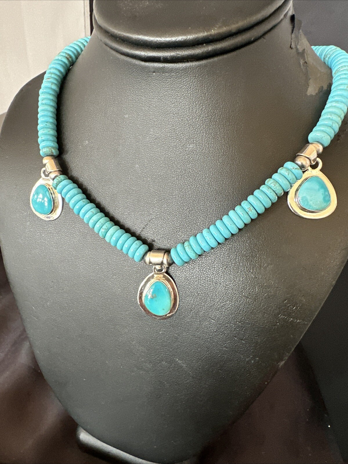 WoMens Blue Kingman Turquoise Pendants Navajo Sterling Silver Necklace 19” 18166