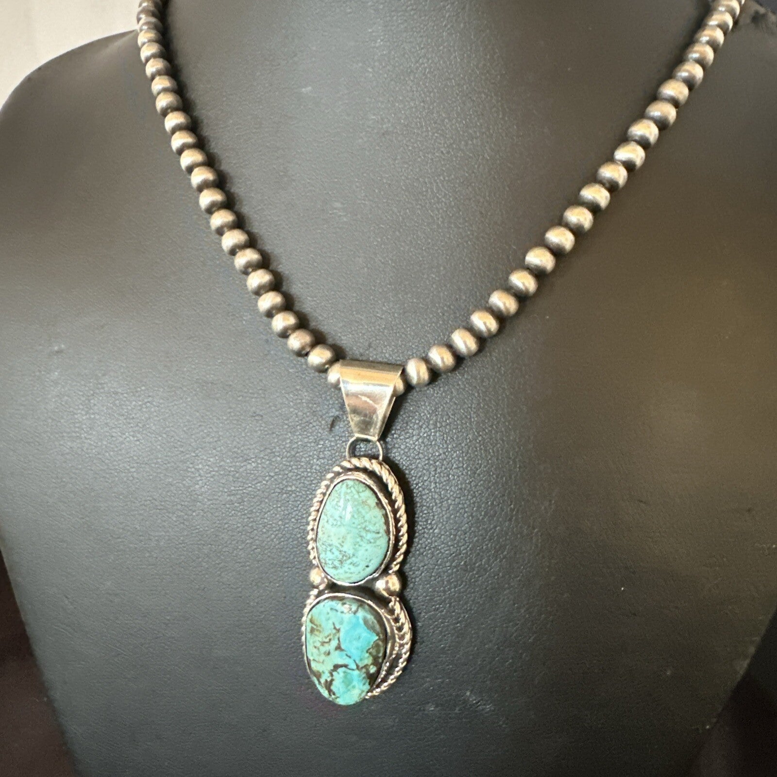 Blue Turquoise 2 Stone Navajo Sterling Silver Cluster Pendant 18191